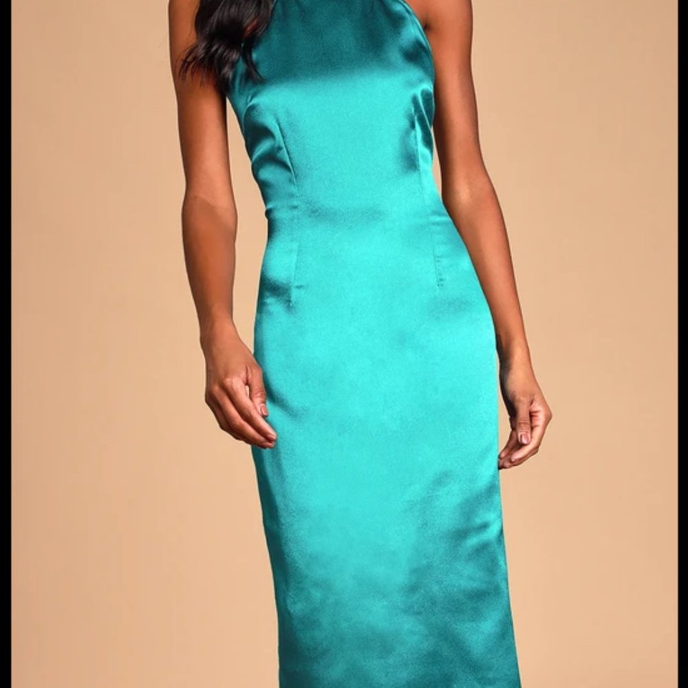 Lulus Zoyah Teal Green Satin Backless Midi Dress